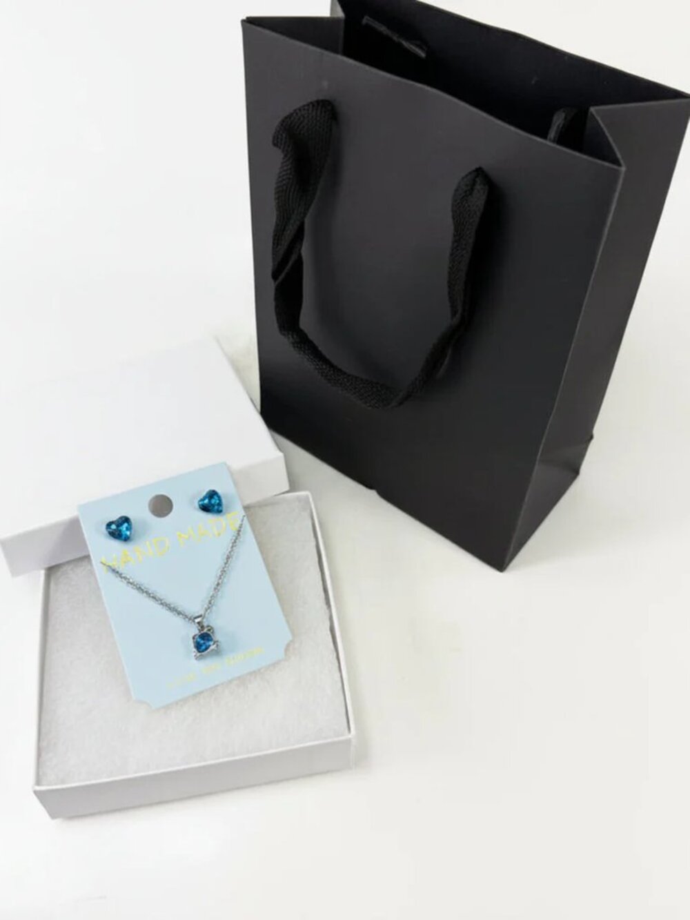 Handmade Blue Heart Crystal Earrings & Cat Pendant Necklace Gift Set